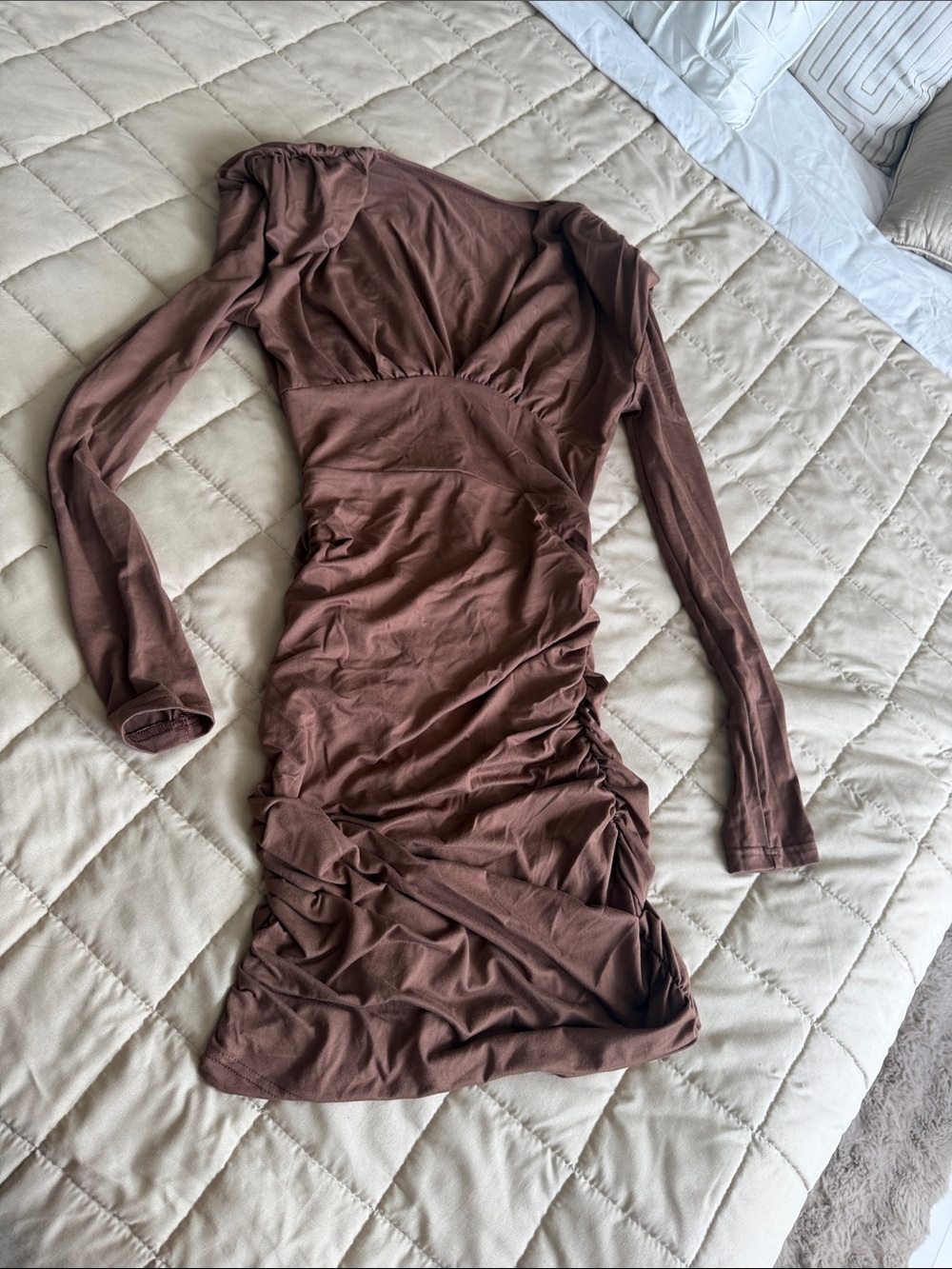 & Other Stories Brown Long-Sleeve Ruched Bodycon Dress